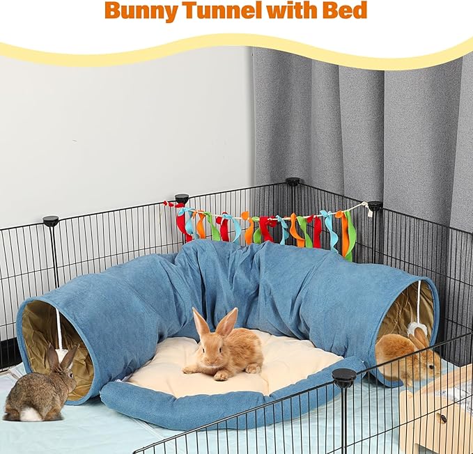 BWOGUE Bunny Tunnel Bed, 2-in-1 Collapsible Tunnel Tubes Toys with Removable Mat Hideout for Cats Kittens Rabbits Guinea Pigs Kitty