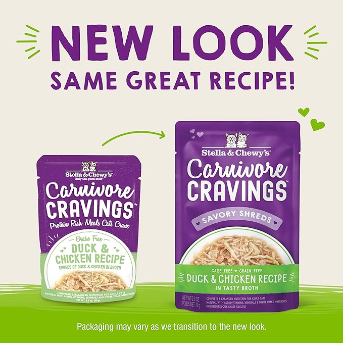 Stella & Chewy’s Carnivore Cravings Savory Shreds Wet Cat Food Pouches – Grain Free, Protein Rich Meal, Topper or Treat – Duck & Chicken Recipe (2.8 Ounce Pouches, Case of 12)