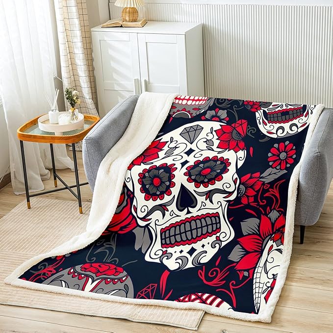 Floral Sugar Skull Fleece Throw Blanket Baby 30"x40" Flowers Printed Sherpa Blanket Decorative Microfiber Gothic Skeleton Plush Scary Horror Design Red Black Fuzzy