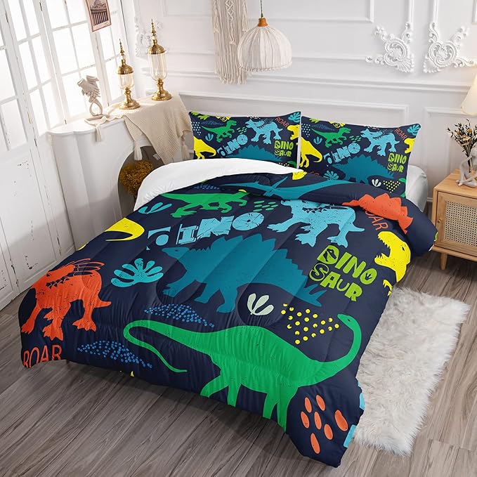 Axolotl Boys Bedding Cartoon Dinosaur Comforter Set Queen Size,Cute Dinosaur Bedding Set for Kids Boys Girls Teens Adults Room Decor,Kids Comforter Set All Season,1 Quilt 2 Pillow Cases