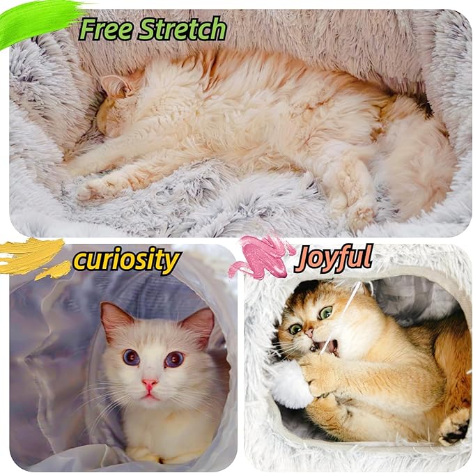 XxingSheep Extra Large Cat Tunnel Bed for Indoor Cats Peekaboo Cat Cave Donut with Center Mat