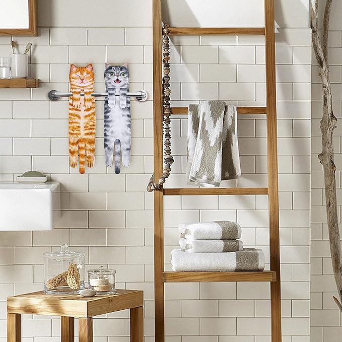 Funny Hand Towels for Bathroom Kitchen - Cute Decorative Cat Decor Hanging Washcloths Face Towels Super Absorbent Soft - Mothers Day Easter House Warming Birthday Gifts for Women Cat Lovers - Gray