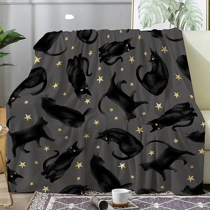 Cute Black Cats Blanket Gifts for Cat Lovers Girl, Halloween Throw Stars Plush Moon Blankets for Girls Women Lightweight Flannel Fleece Christmas Bedding for Chair Couch Bed Gift for Kids 40x50In
