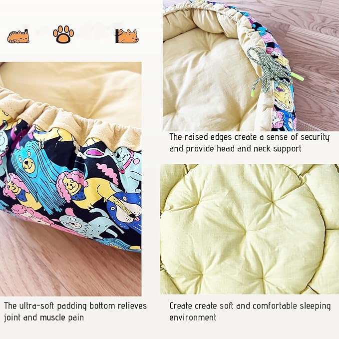 Dog Beds for Small Dogs - Round Cat Beds for Indoor Cats, Washable Pet Bed for Puppy and Kitten with Lovely Cartoon Pattern, 20 Inches,Citrine