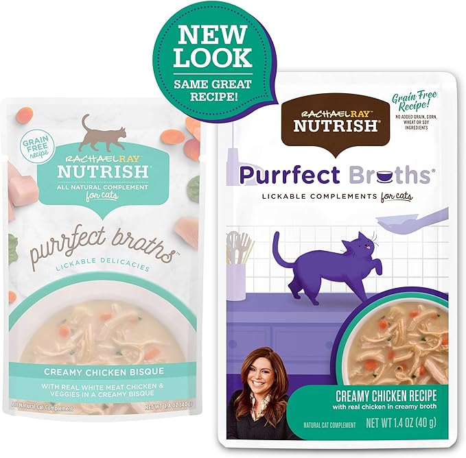 Rachael Ray Nutrish Purrfect Broths Wet Cat Food, Creamy Chicken Bisque with White Meat Chicken & Veggies Recipe, 1.4 Ounce Pouch (Pack of 24), Grain Free
