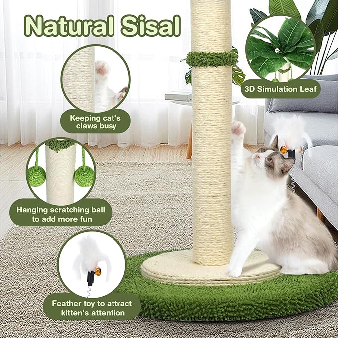 Cat Scratching Post, 37.4 Inch Tall Scratching Posts for Indoor Cats, Sisal Rope Scratching Post with Hanging Ball, Cat Scratcher Post for Large Cat & Kitten with Feather Toy