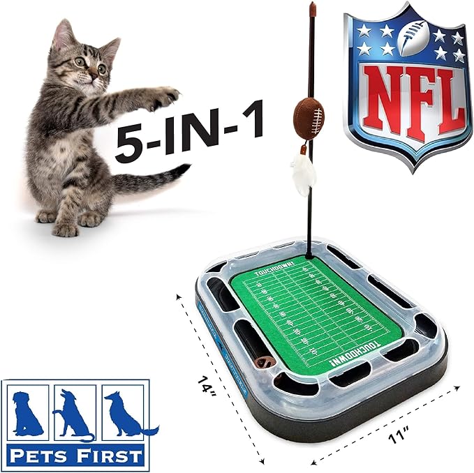 Pets First Cat Scratcher NFL Carolina Panthers Football Field CAT Scratcher Toy. Catnip Filled Plush Football Toy & Feather Cat Toy Hanging. Jingle Bell Interactive Ball Cat Chasing 5-in-1 Kitty Toy