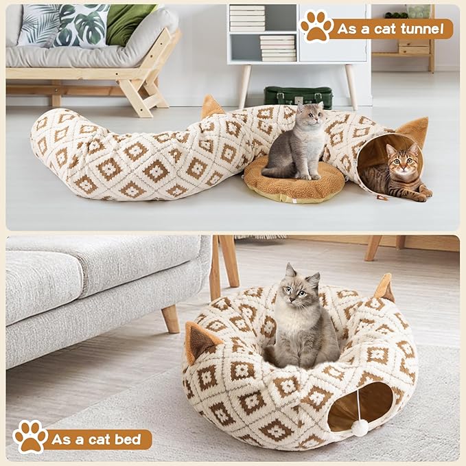 Cat Tunnel with Cat Bed for Indoor Cats, 3 in 1 Cat Donut Tunnel, Cute Cat Bed with Cushion Peephole and Cat Ear for Cats, Kittens, Rabbit, New Jacquard Pattern