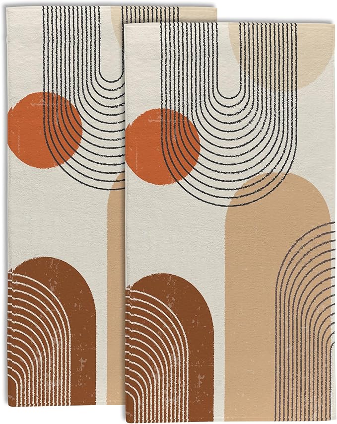 Boho Geometric Sun and Rainbow Kitchen Hand Towel Set of 2,Abstract Bohemian Line Art Bathroom Hand Towel,Soft Absorbent Decorative for Bathroom Kitchen Hotel