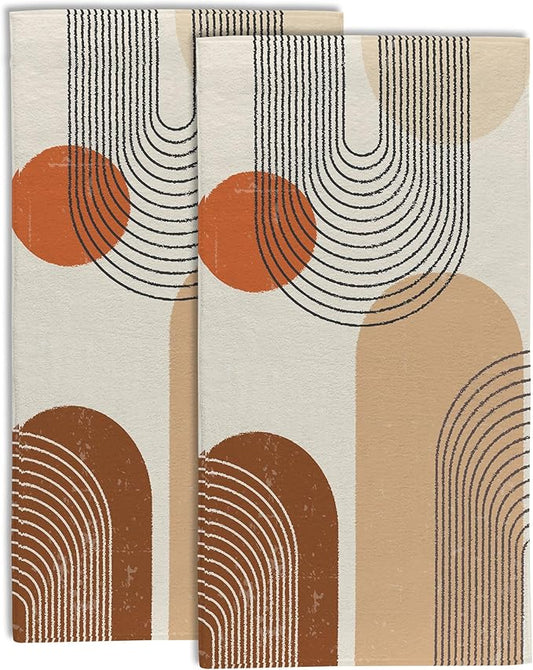 Boho Geometric Sun and Rainbow Kitchen Hand Towel Set of 2,Abstract Bohemian Line Art Bathroom Hand Towel,Soft Absorbent Decorative for Bathroom Kitchen Hotel