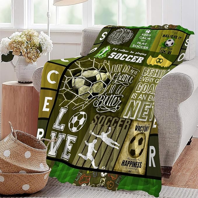 Soccer Blanket Sport Theme Throw Blanket Ultra Soft Cozy Fleece Soccer Gift for Soccer Lover Fuzzy Plush Bedding Blankets for Soccer Team Player Kids Teens Adults Girls Boys Women Men 60"x50"