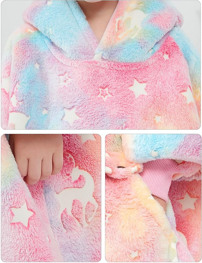 Glow in The Dark Wearable Blanket Hoodie for Kids Toddlers Sherpa Blanket Sweatshirt with Pocket 2-6 Year Old Girl Birthday Gifts