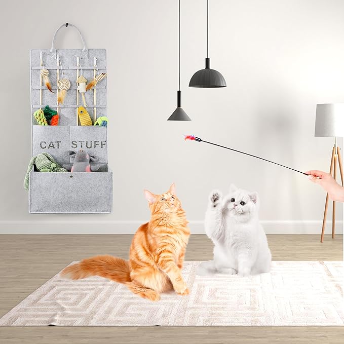 MABOZOO Cat Toy Storage Organizer for Wand Toys,Durable Pet Storage Box with Handle Cat Feather Toy Storage Hanging Bag for Neatly Organizing Teaser Wand Toys（Light Grey）