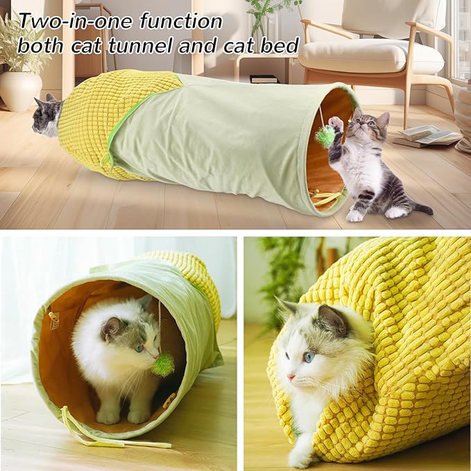 Vehomy Collapsible Cat Tunnel Bed Corn Shape Cat Tunnel Toy Tube with Hanging Ball Warm Kitten Tunnel Bed for Indoor Cats Pet Burrow Toy for Cats Kittens Rabbits Bunny