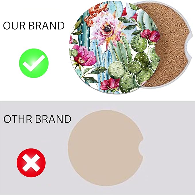 Cactus Pink Roses Flowers Car Coasters for Cup Holders, Car Accessories, 2 Pack Absorbent Ceramic Car Cup Holder Coasters for Drinks, for Women Men, Universal Non-Slip with Finger Notch
