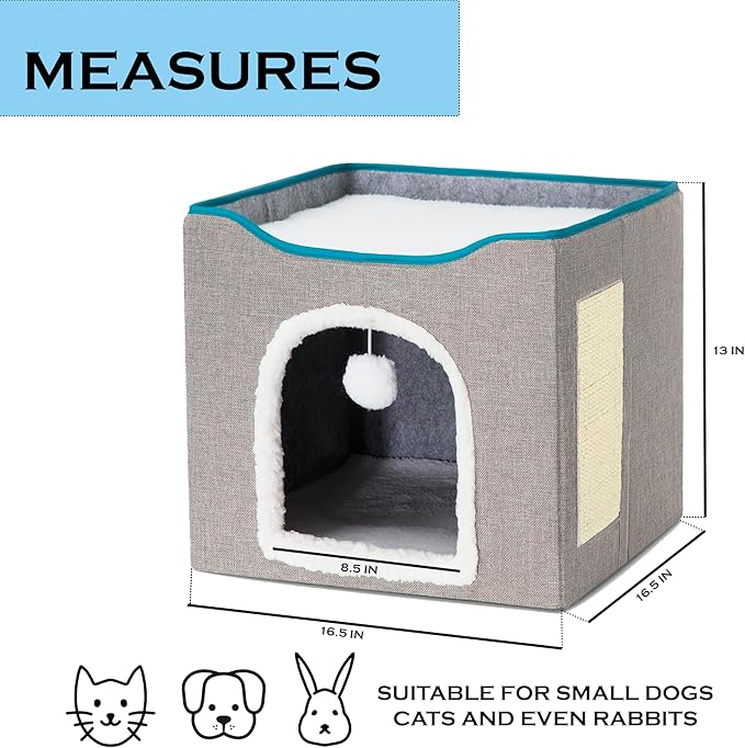 Cat Square Bed for Indoors Cats, Large Cat Cave for Pets,2 Cushion Lightweight and Foldable, with Scratcher and Fluffy Ball Hanging,Woll-Like Soft Cover,16”x14”, Gray