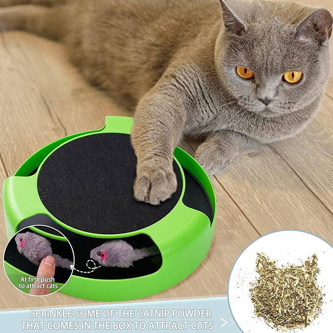FYNIGO Replaceable Interactive Cat Toy Mouse for Indoor Cats and Kittens,Uncatchable Spinning Mice and Scratching Pad,Hunting Chasing and Exercising,Cat Scratcher Catnip Puzzle Toy,Green