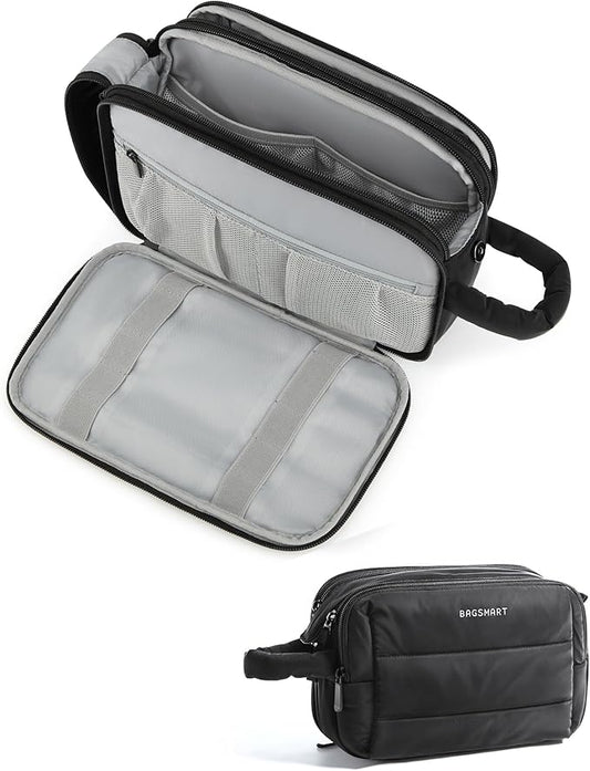 BAGSMART Travel Toiletry Bag for Women, Puffy Cosmetic Makeup Bag Organizer, Large Wide-open Travel Organizer for Toiletries, Dopp Kit Water-resistant Makeup Case for Accessories-Black