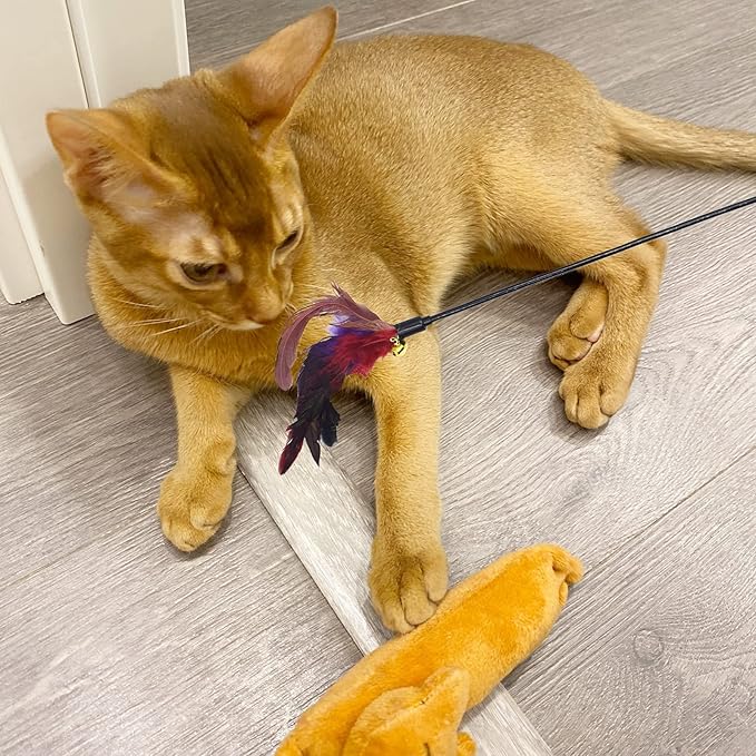 IUHKBH Cat Feather Toys, 6 PCS Interactive Cat Wand Toys Cat Teaser with Bell - 18in Feather Wand for Cat and Kitten