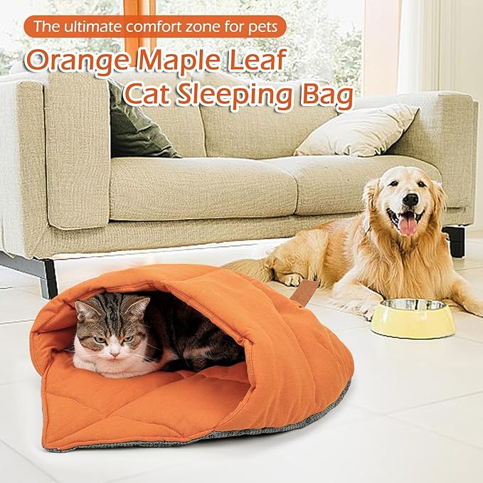 Cat Sleeping Bag,Cozy Cat Bed Cave Leaf Nest,Linen Fabric Pet Cuddle Zone,Covered Hide Warm Burrowing Soft Durable Washable Cat Bed for Indoor Puppy and Kitten(Maple Leaf Orange)