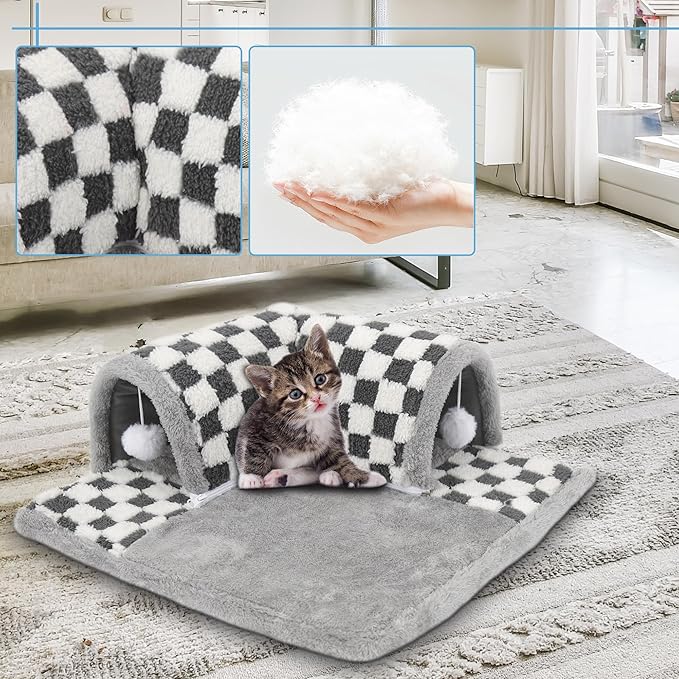 Kitten Tunnel Bed Mat for Indoor Kittens, Perfect Kitten Gift Toy, 3D Memory Foam Cat Tunnel Mat, Detachable & Machine Washable, Non-Slip Base, Black S