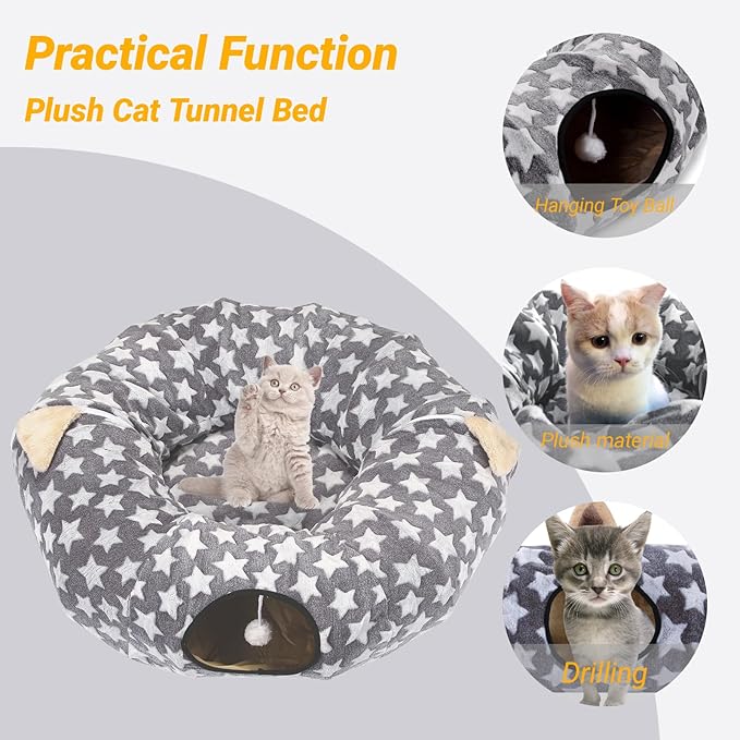 LUCKITTY Large Cat Tunnel Bed with Plush Cover,Fluffy Toy Balls, Small Cushion and Flexible Design- 10 inch Diameter, 3 ft Length- Great for Cats, and Small Dogs, Gray Star Pattern