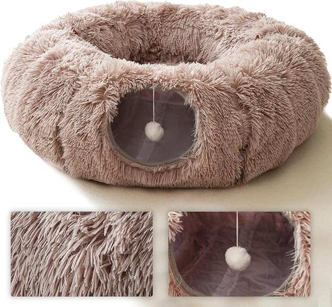 HIPIPET Winter Plush Cat Tunnel with Cat Bed for Indoor Cats,Multifunctional Cat Toys for Small Medium Large Cat.(Light Brown)