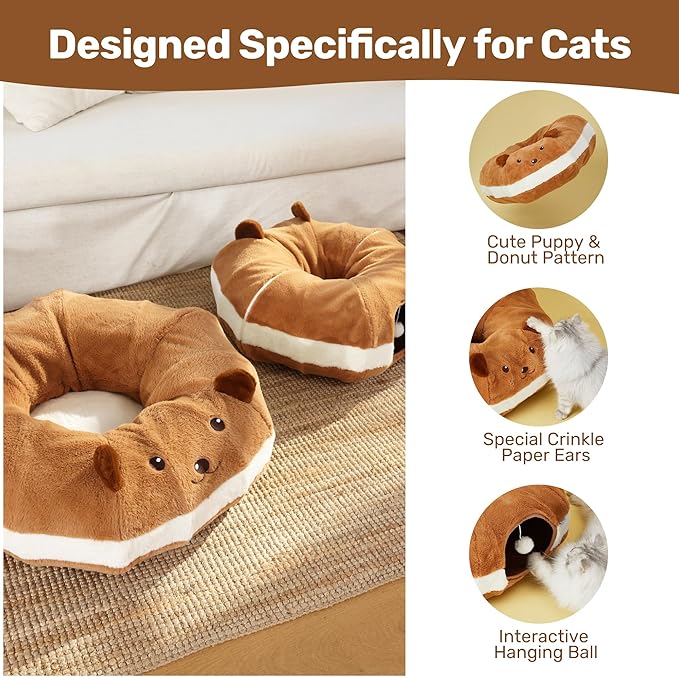 FUKUMARU Cat Tunnel Bed for Indoor Cats, Bagel Donuts Cat Tunnel Toys with Crinkle Paper Ears, Round Pet Play Tunnel Toy for Kitten and Rabbit, Cat Hideway Interactive Toys, Collapsible&Washable