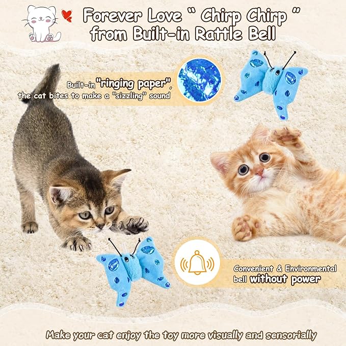 ORSDA Cat Toys, Cat Wand Toy for Indoor Cats, Replacement Cat Teaser Toys, Interative Cat Toy for Cats with Bell, Cat Feather Toy for Cats to Chase and Exercise(Blue Butterfly)