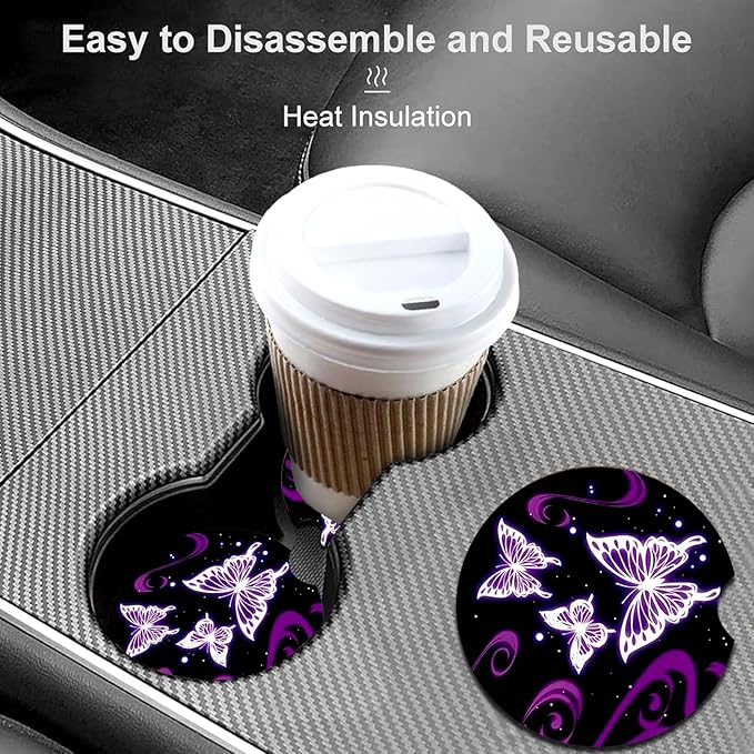 Car Coasters for Cup Holders,2 Pack Butterfly Car Cup Holder Coasters,2.75" Universal Size Anti Slip Rubber Mat,Automotive Cup Holder Decal Decor Accessories,Butterfly Gifts for Women,Mom