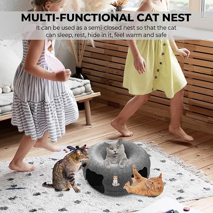 Peekaboo Cat Tunnel Bed-Large, Scratch-Resistant Donut Cave for Indoor Cats Up to 30-45 lbs, Detachable & Washable Design, Perfect Cozy Play & Rest Spot for Cats and Small Dogs (Dark Grey, Large)