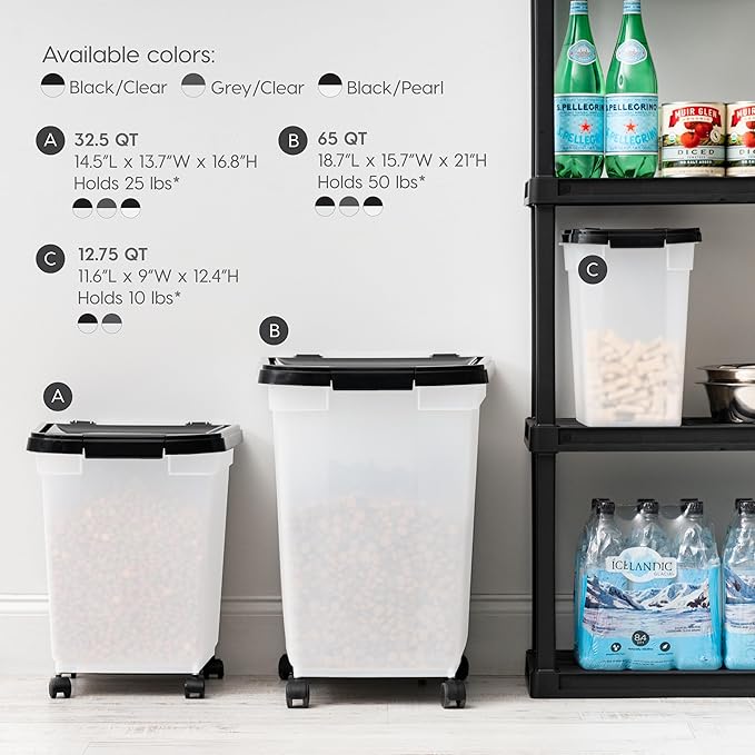 IRIS USA WeatherPro Airtight Dog Food Storage Container, Up to 25 lbs, Removable Wheels, for Dog Cat Bird and Other Pet Food Storage Bin, Keep Fresh, Translucent Body, Pearl/Black