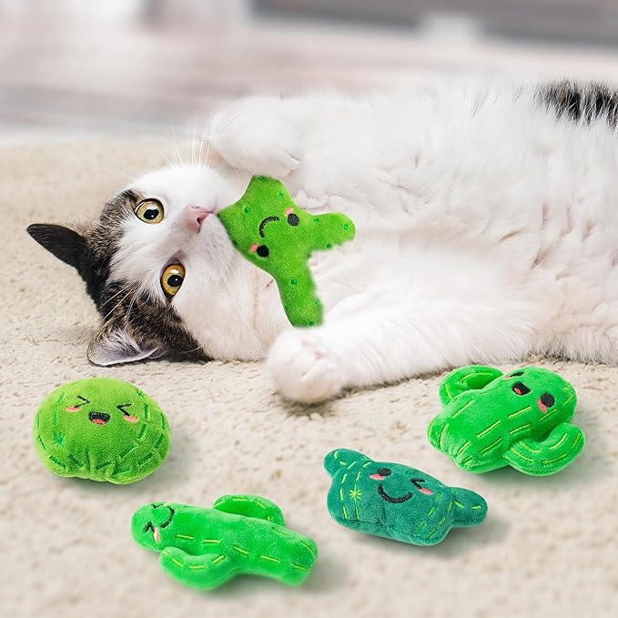 MALLMALL6 Catnip Toys for Cat - 5Pcs Cactus Prickly Plants Catmint Interactive Cat Toy for Indoor Cats, Soft Plush Green Cat Supplies, Kitten Teething Chew Toy Set, Cute Pet Gifts for Cat Lover