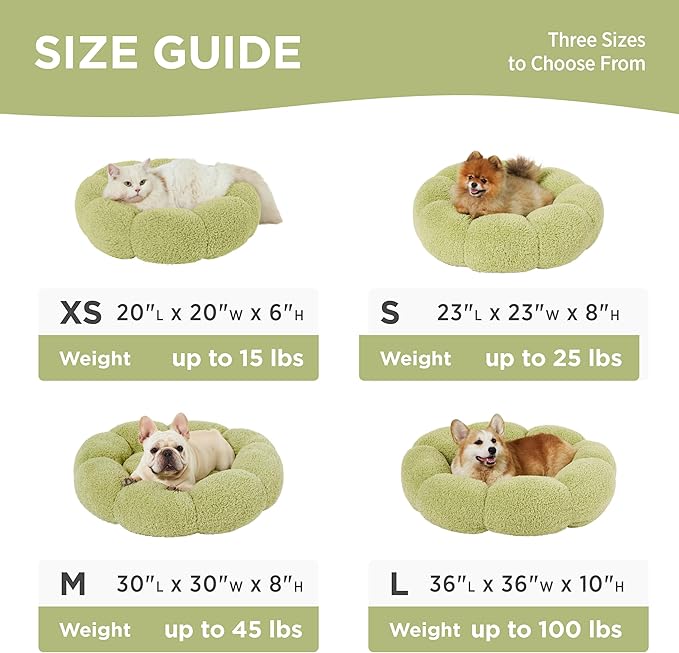 Lesure Calming Medium Dog Bed - Flower Donut Round Fluffy Puppy Bed in Plush Teddy Sherpa, Non-Slip Cute Flower Cat Beds for Indoor Cats, Medium Pet Bed Fits up to 45 lbs, Machine Washable, Green 30"