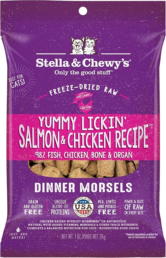 Stella & Chewy's Freeze-Dried Raw Cat Dinner Morsels – Grain Free, Protein Rich Cat & Kitten Food – Yummy Lickin’ Salmon & Chicken Recipe – 1 oz Bag