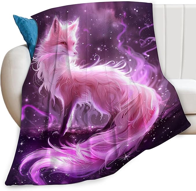 Pink Fox Throw Blanket Cute Beautiful Fox Print Blankets Gifts for Couch Sofa Bed Stuff Decor Soft Cozy Lightweight Fleece Plush Flannel Bedding for Lover Men Women Girls Adults 50"x60"