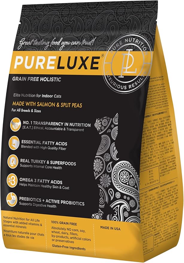 PURELUXE Grain and Gluten Free Indoor Cat Food, Elite Nutrition, Salmon and Split Peas, for All Life Stages and Breeds, Made in The USA, 11lbs