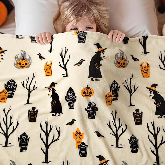 Haunted Halloween Blanket 50” x 70” Reversible Ghost Witch's Hat Print Fleece Throw Blanket, 320 GSM Surper Soft Warm Cozy Fall Blanket for Couch Sofa, Halloween Harvest Gifts and Home Pumpkin Decor