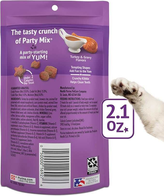Purina Friskies Cat Treats, Party Mix Gravy-licious Crunch Turkey and Gravy Flavors - (Pack of 10) 2.1 oz. Pouches
