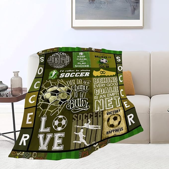 Soccer Blanket Sport Theme Throw Blanket Ultra Soft Cozy Fleece Soccer Gift for Soccer Lover Fuzzy Plush Bedding Blankets for Soccer Team Player Kids Teens Adults Girls Boys Women Men 60"x50"