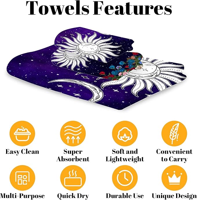 Sun with Star 3 Piece Towel Bathroom Sets, 1 Bath Towel, 1 Washcloth, 1 Hand Towel, Cotton Fast Dry Soft Absorbent Towel Set for Home Kitchen Family