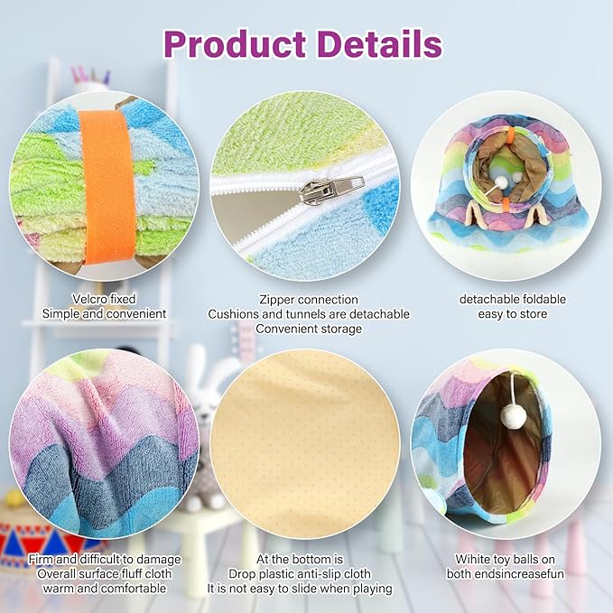 BWOGUE Bunny Tunnel Bed, 2-in-1 Collapsible Tunnel Tubes Toys with Removable Mat Hideout for Cats Kittens Rabbits Guinea Pigs Kitty