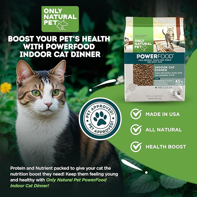 Only Natural Pet Powerfood Poultry Indoor Cat Dinner Dry Food - High-Protein Grain Free Kibble for Adult Cats, Made in USA and Supports Skin & Coat, Heart, & Immune Health, 3 Lb Bag