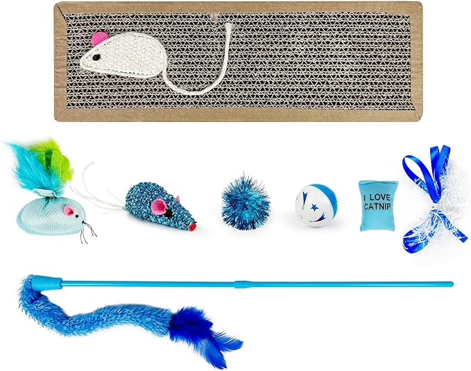 Cat Toys Kitten Toys Set, Cat Scratching pad with Catnip,Cat Wand Toy,Interactive Kitty Toys Cat Feather Toy Catnip Toy Fluffy Mouse Crinkle Balls for Cat Kitty Kitten (Blue)…