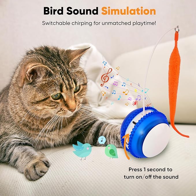 Petbobi Interactive Cat Toy Ball - Automatic Rolling Cat Laser Toys with 2 Fluffy Mice Tail, USB Rechargeable, Motion Activated Moving Ball Toy, Fast Rolling Ball for Indoor Cat, Simulation Bird Sound