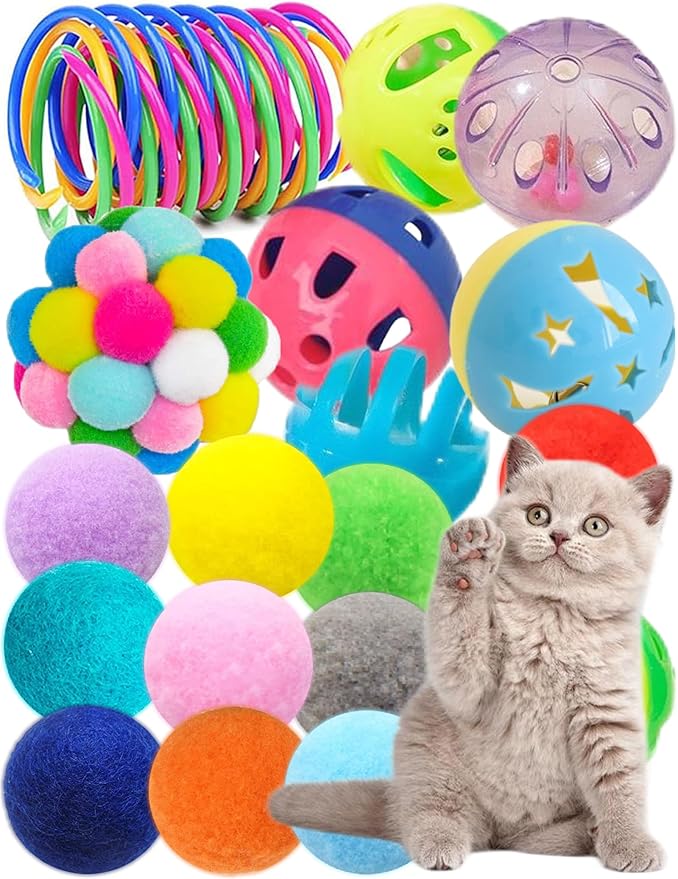 Interactive Cat Toys Variety Pack 20-Piece Cat Enrichment Toys for All Ages Spring Toys Bell Balls & Plush Toys to Stimulate Bored Indoor Cats