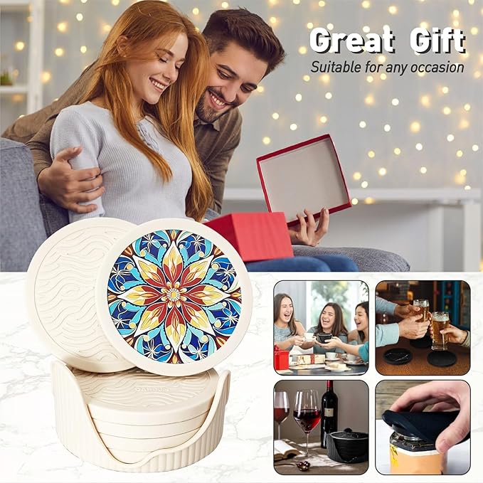 6-Pack Silicone Coasters with Deep Tray Holder - Double-Sided Drink Coasters - Beverage Mats for Hot or Cold Drinks - Thick, Non-Slip, Non-Stick Silicone with Ceramic Insert