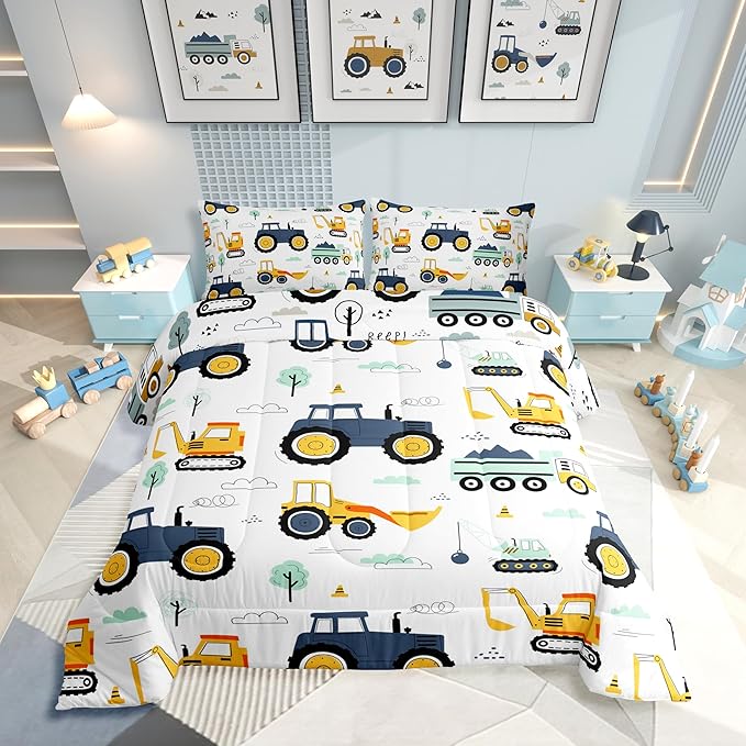Boys Cartoon Car Bedding Set King, Excavator Tractor Comforter Set for Kids Teens, Equipment Trucks Quilted Duvet, Heavy Machinery Construction Bedding Comforter Sets with 2 Pillowcases Bedroom Decor