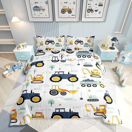 Boys Cartoon Car Bedding Set King, Excavator Tractor Comforter Set for Kids Teens, Equipment Trucks Quilted Duvet, Heavy Machinery Construction Bedding Comforter Sets with 2 Pillowcases Bedroom Decor