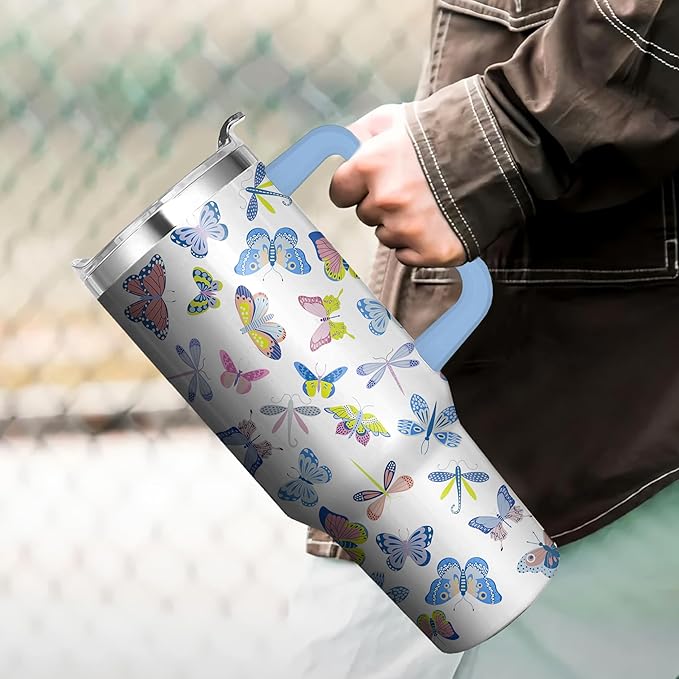 40 Oz Butterfly Tumbler with Handle and Straw, Double Wall Stainless Steel Cup, Butterfly Tumbler with Lid and Straw, 40 Oz Water Bottle and Mugs for Women Gifts